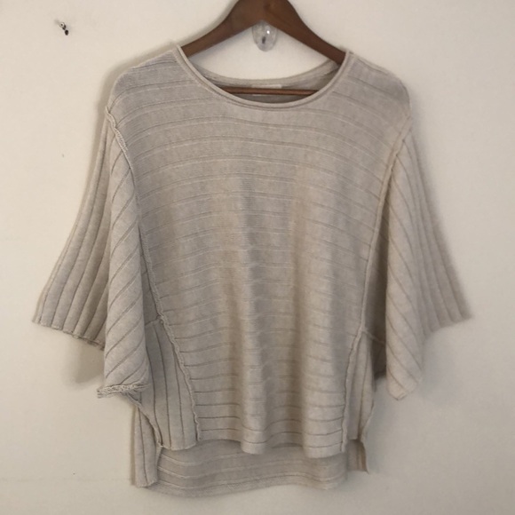 Promesa wool blend Beige ribbed Knit sweater scoop neck wide short sleeves SZ M - Picture 1 of 11